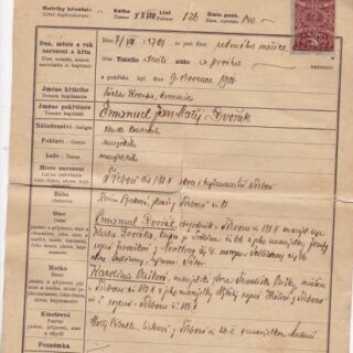 KŘESTNÍ LIST - EMANUEL JAN MATĚJ DVOŘÁK